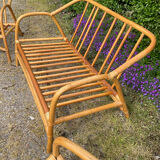 Vintage living room sofa and 2 rattan armchairs.