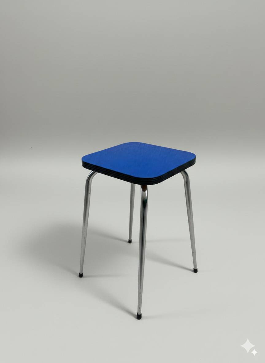 Tabouret vintage en chrome et formica bleu Klein, restauré