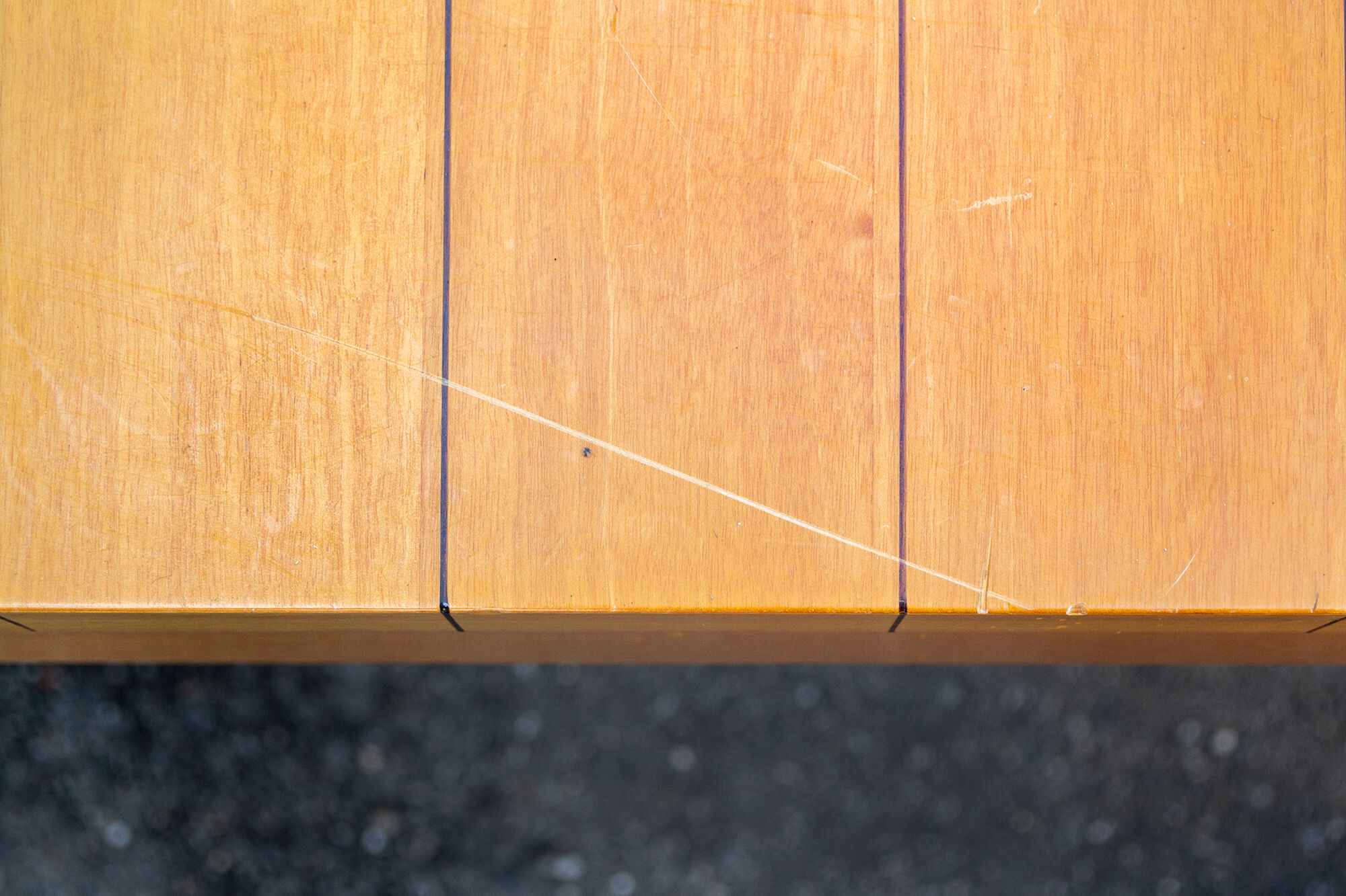 Dining table in beech wood with stripes of hibiscus, italy 70s