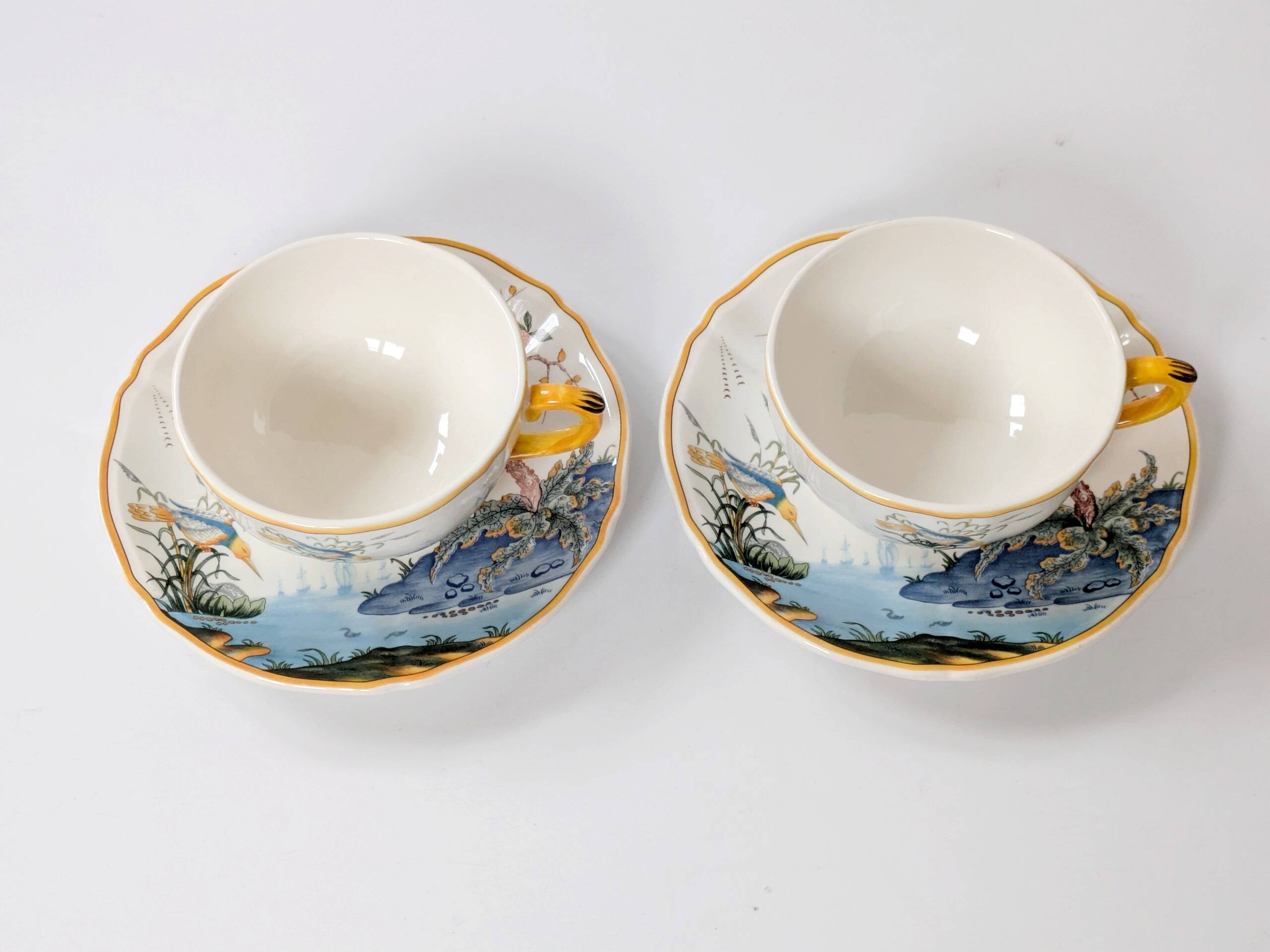 Set of 2 Gien Magellan "Caribbean" cups and saucers, vintage earthenware