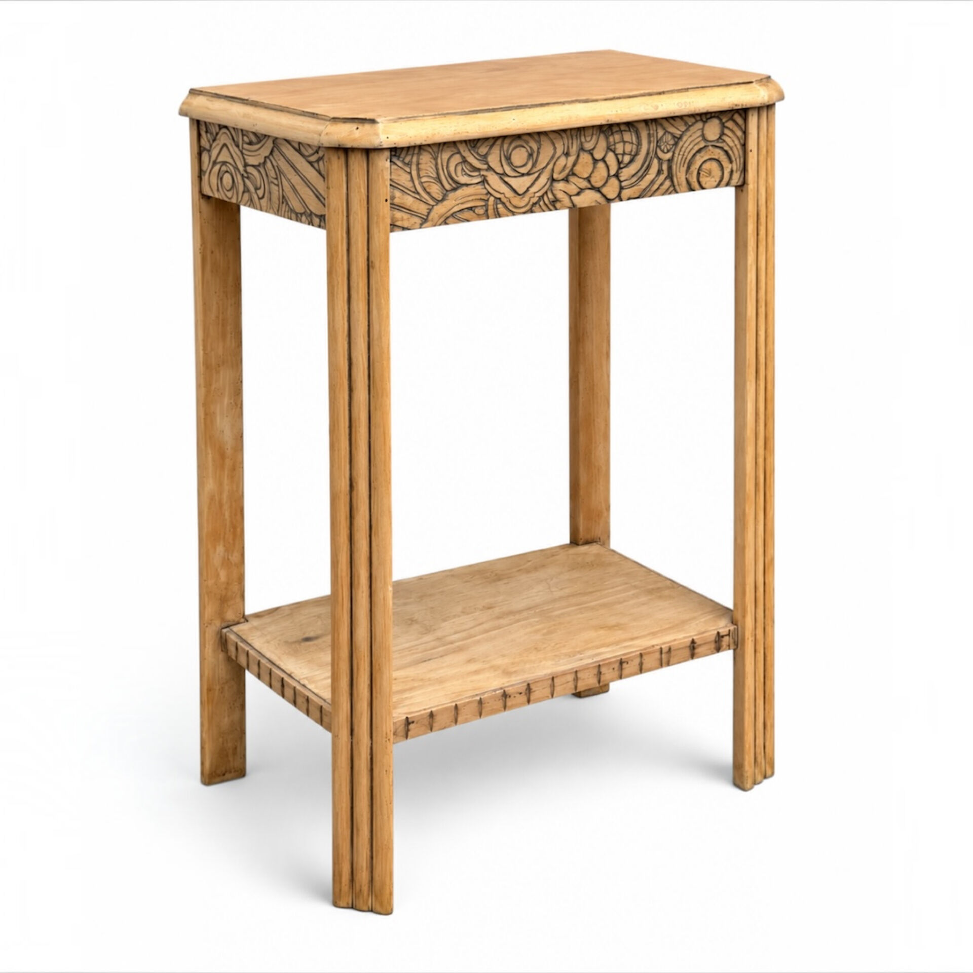 Art Deco console in raw wood with floral decoration, renovated 1930.
