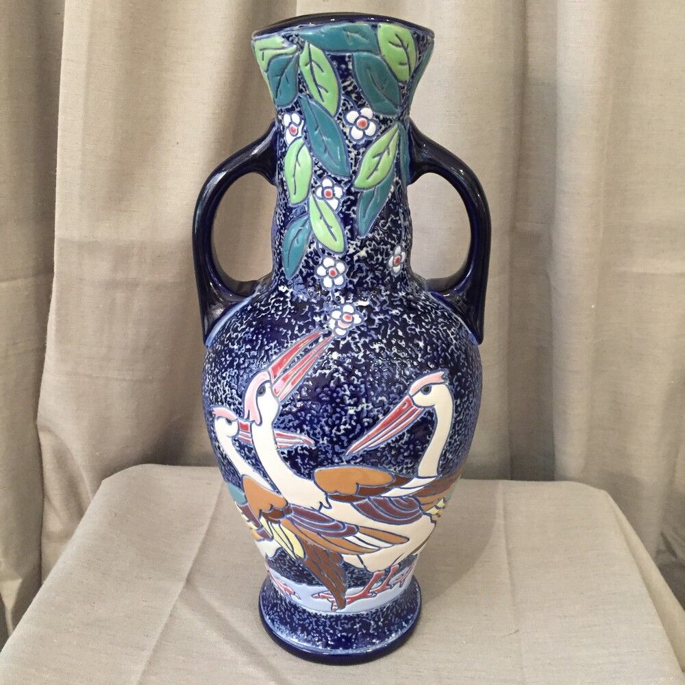 LARGE AMPHORA VASE IN EMAUX WITH CZECHOSLOVAK BIRD DECORATION Selency