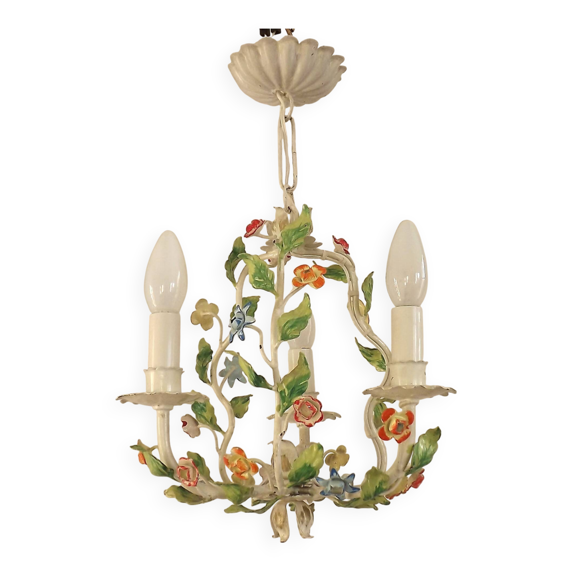 Romantic Vintage Italian Metal 3 Light Cage Chandelier Circa 1930s/40s