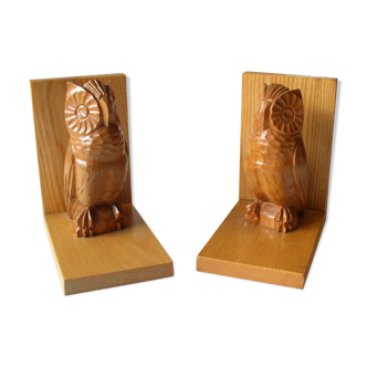 2 serre-livres en bois, hiboux sculptées à la main, vintage des années 1950