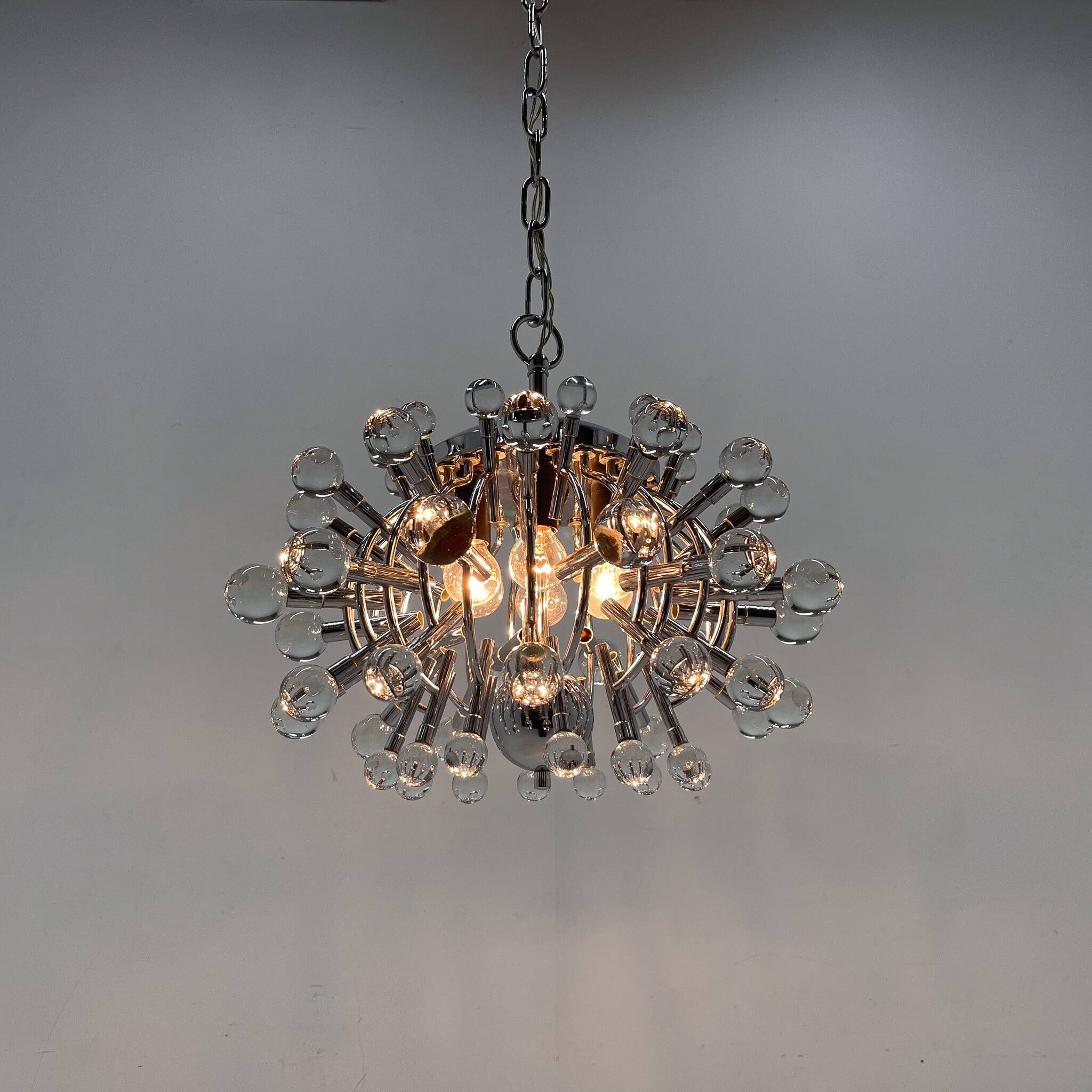 Unique Italian Space Age Chrome & Crystal Glass Chandelier, 1970s