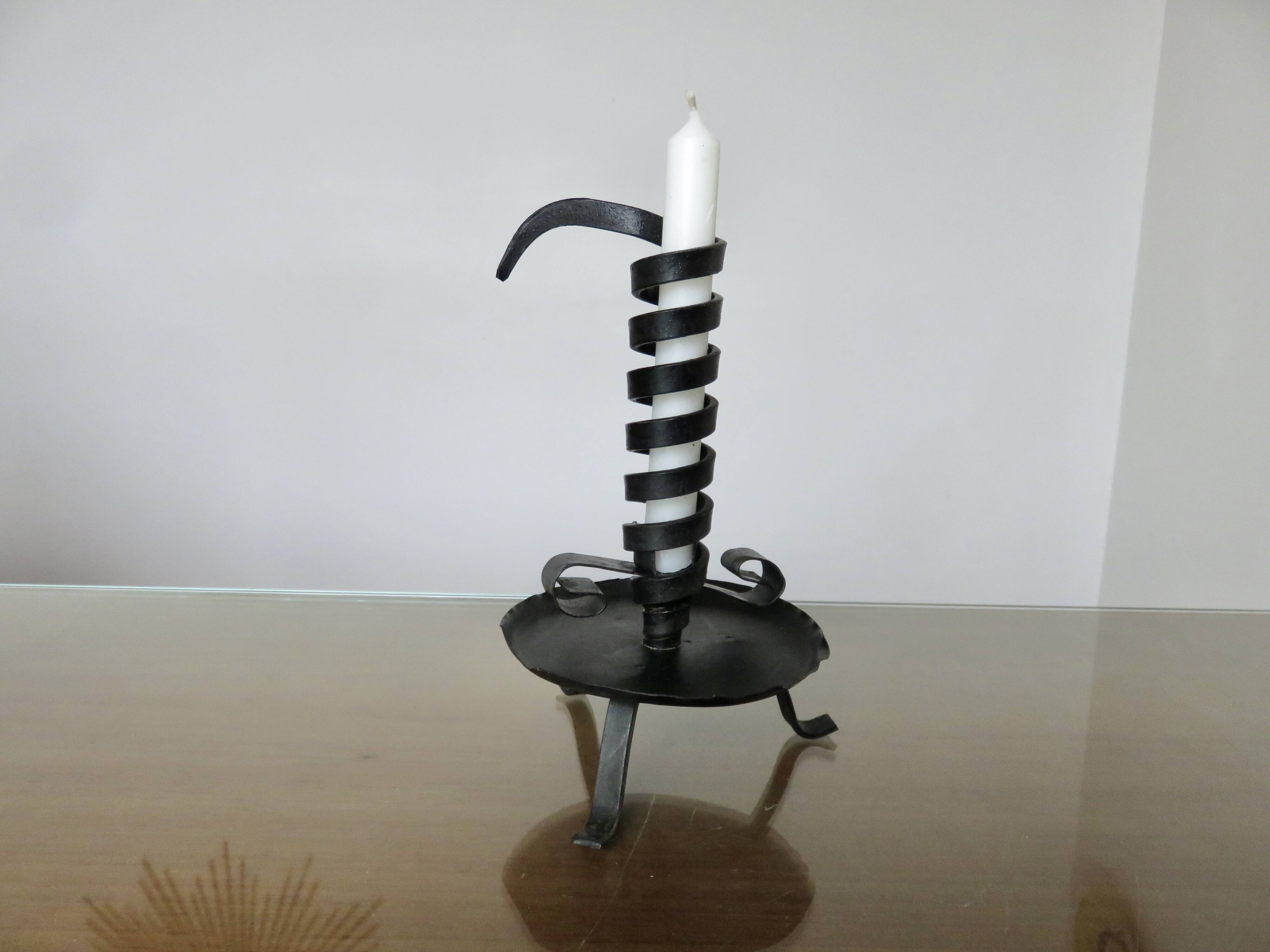 Medieval candlestick, blackened wrought and hammered iron, very good condition