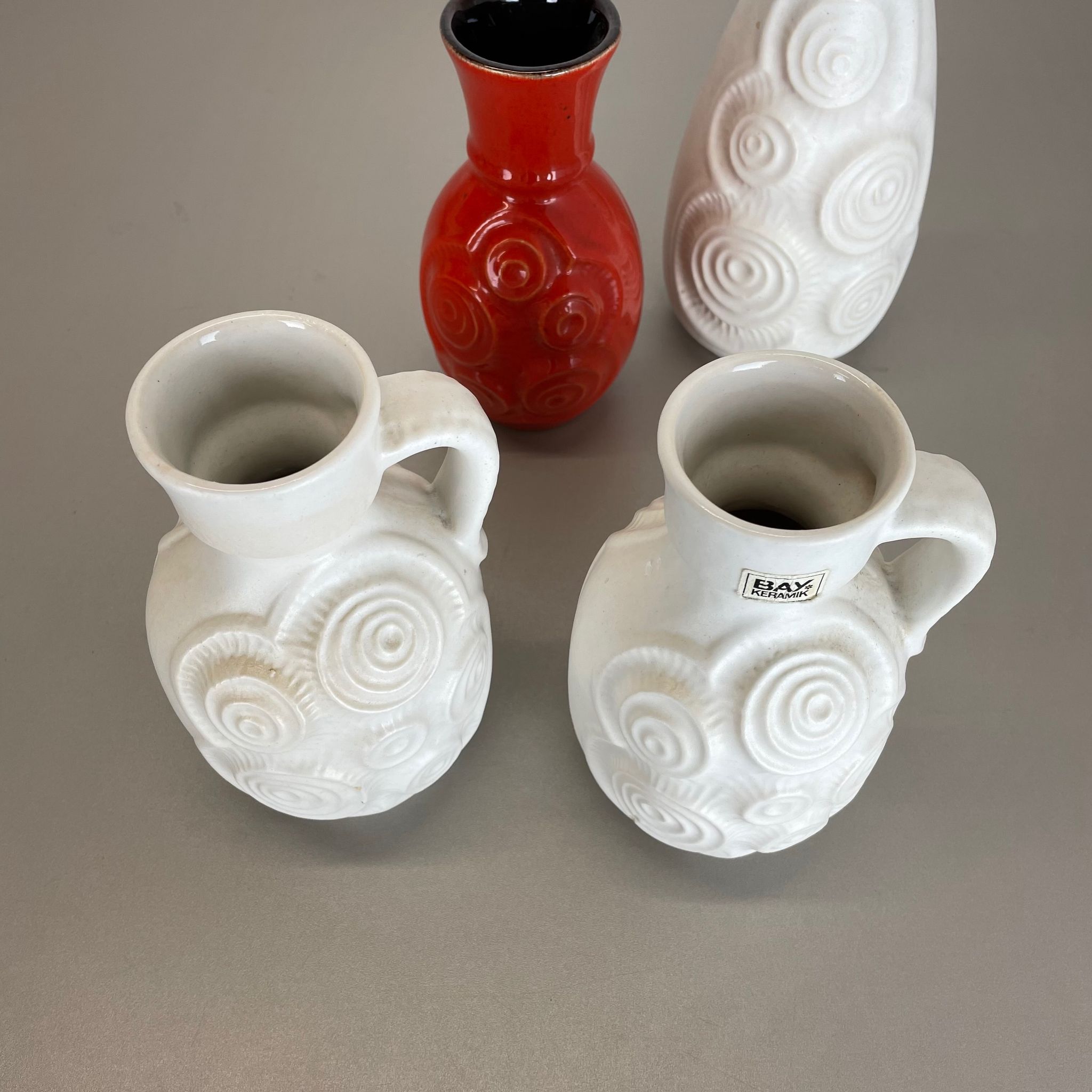 Set of 4 Red-White Fat Lava Op Art Pottery Vases by Bay Ceramics, Germany