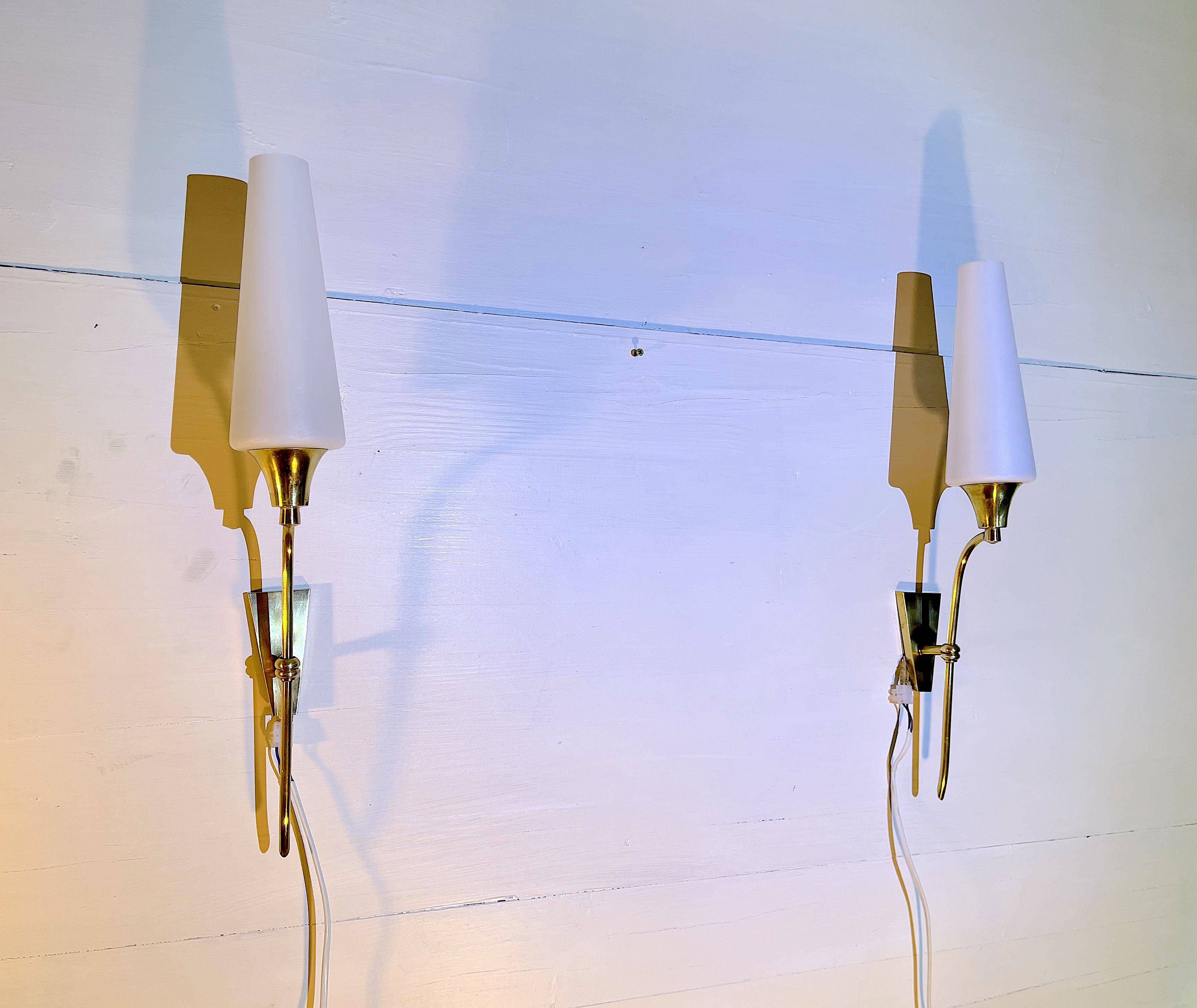 Pair of tall brass and white opaline sconces, mid-century France