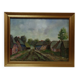 Oil on panel small rural village, vintage framed painting from the 1950s-1970s.