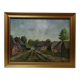 Oil on panel small rural village, vintage framed painting from the 1950s-1970s.