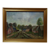 Huile sur panneau petit village rural, peinture vintage encadrée année 1950-1970