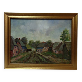 Oil on panel small rural village, vintage framed painting from the 1950s-1970s.