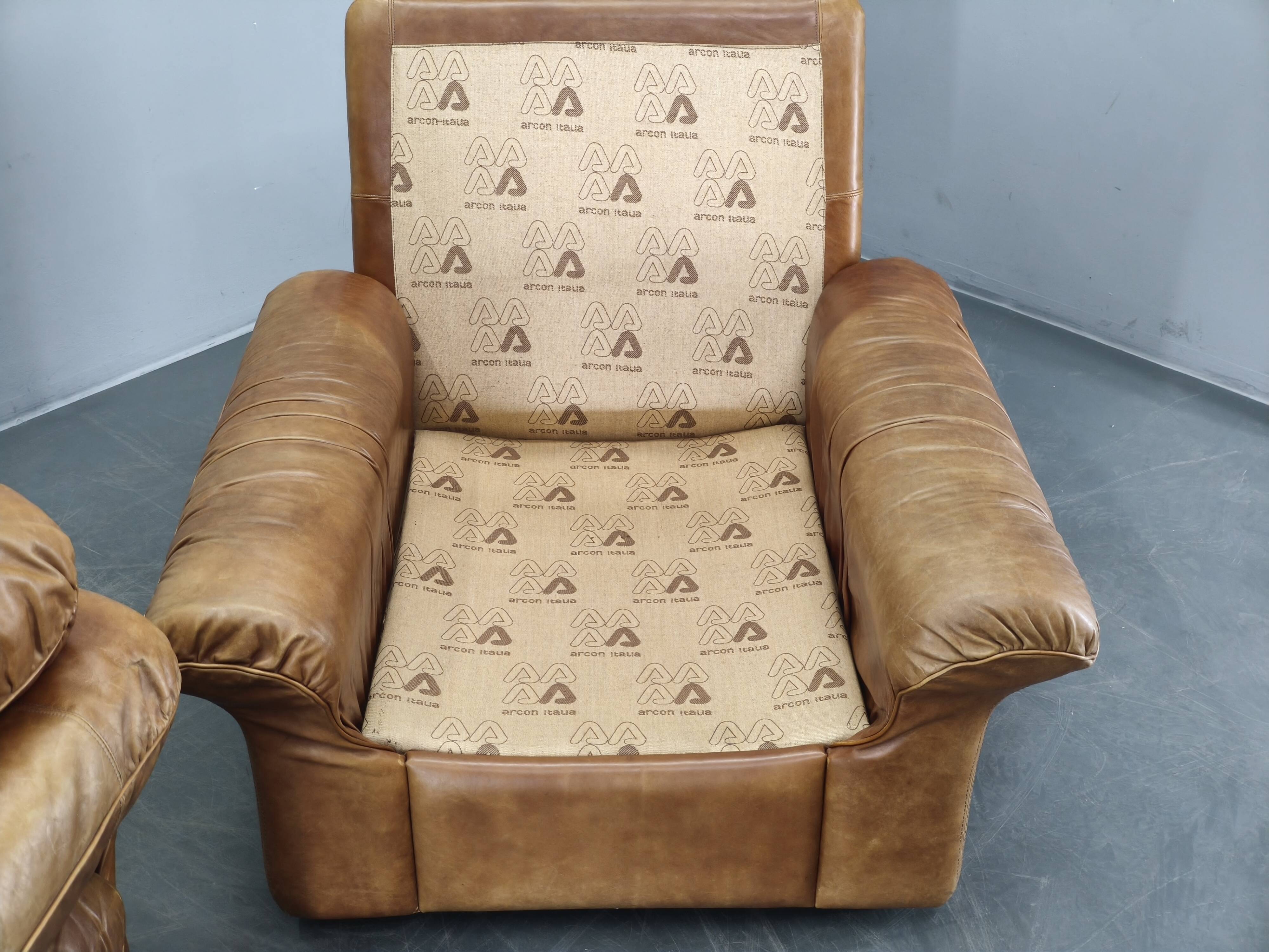 Pair of Arcon Italia Cognac Buffalo Leather Lounge Armchairs