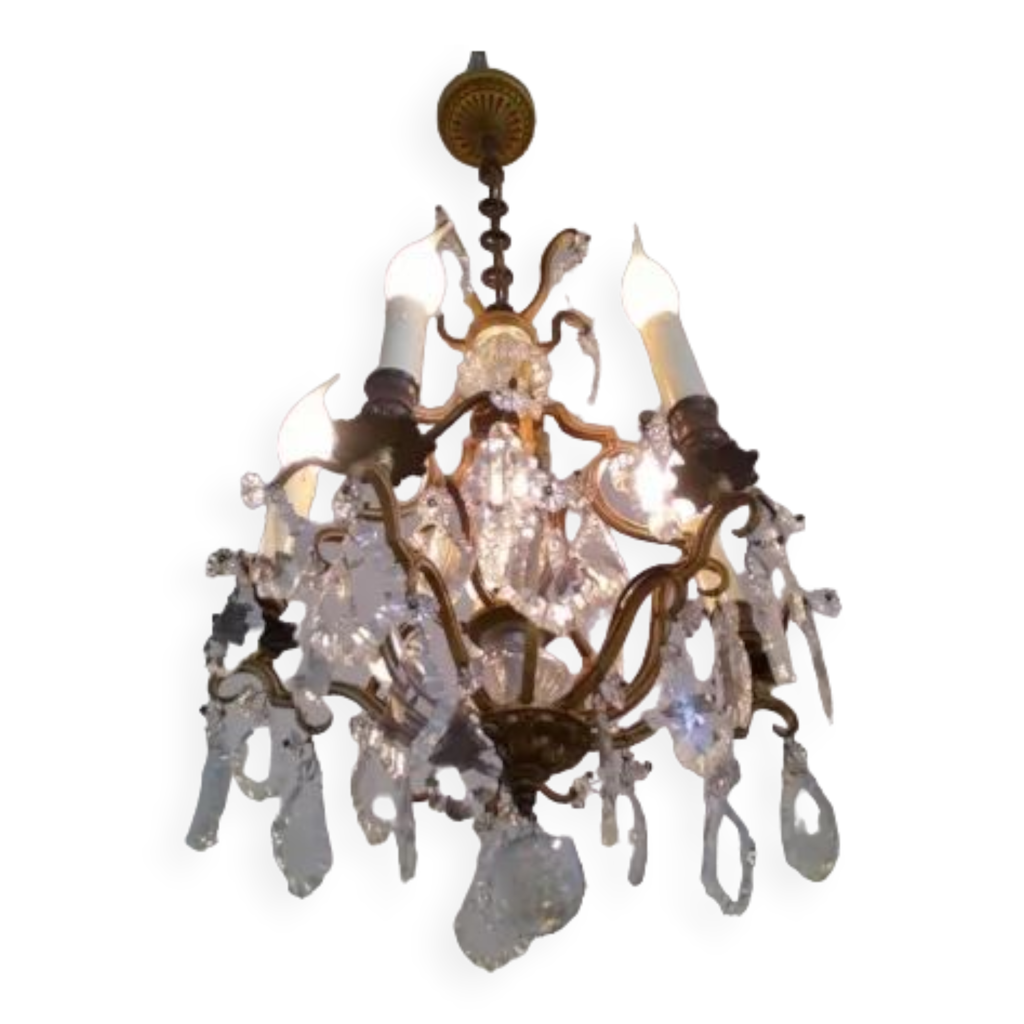 French antique bronze glass & crystal 5 light cage chandelier 4032