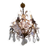 French antique bronze glass & crystal 5 light cage chandelier 4032