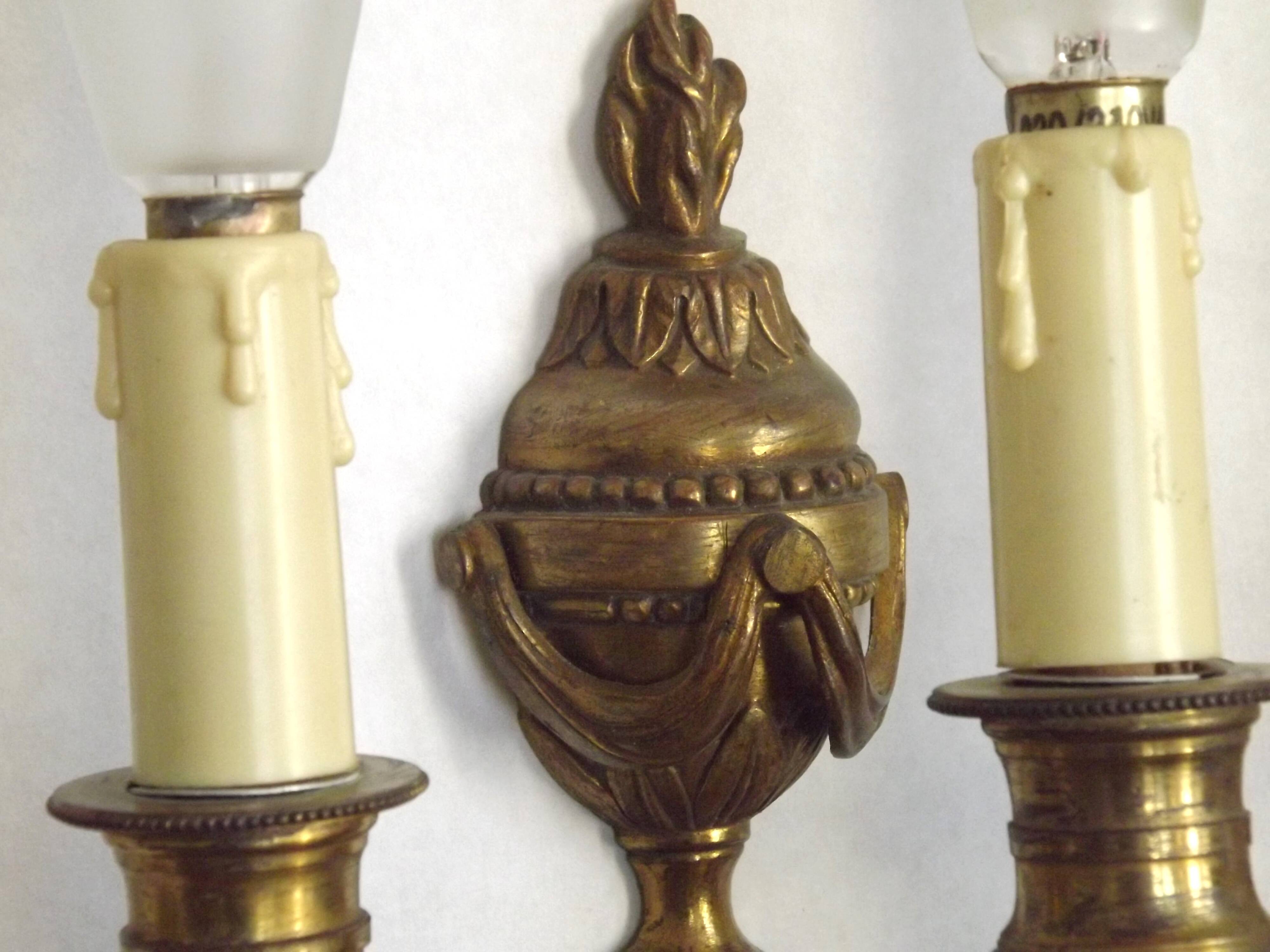 Magnificent Pair French Antique Bronze Triple Wall Lights Urn & Swag Detail