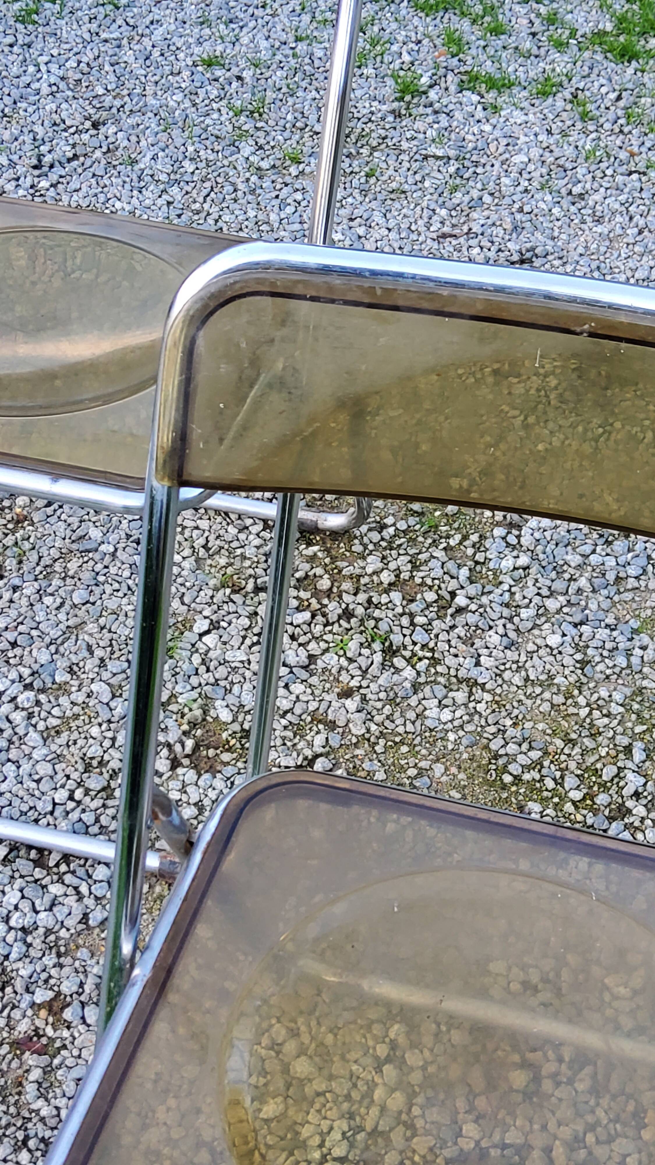 Set of 4 70s design folding chairs in smoked plexiglass and chrome metal