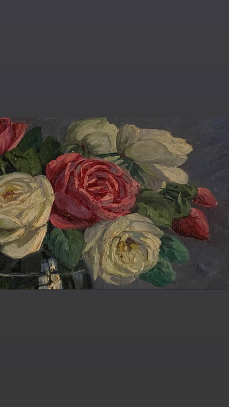 Painting the bouquet of roses, oil on canvas, signed Paul Marengo, art deco