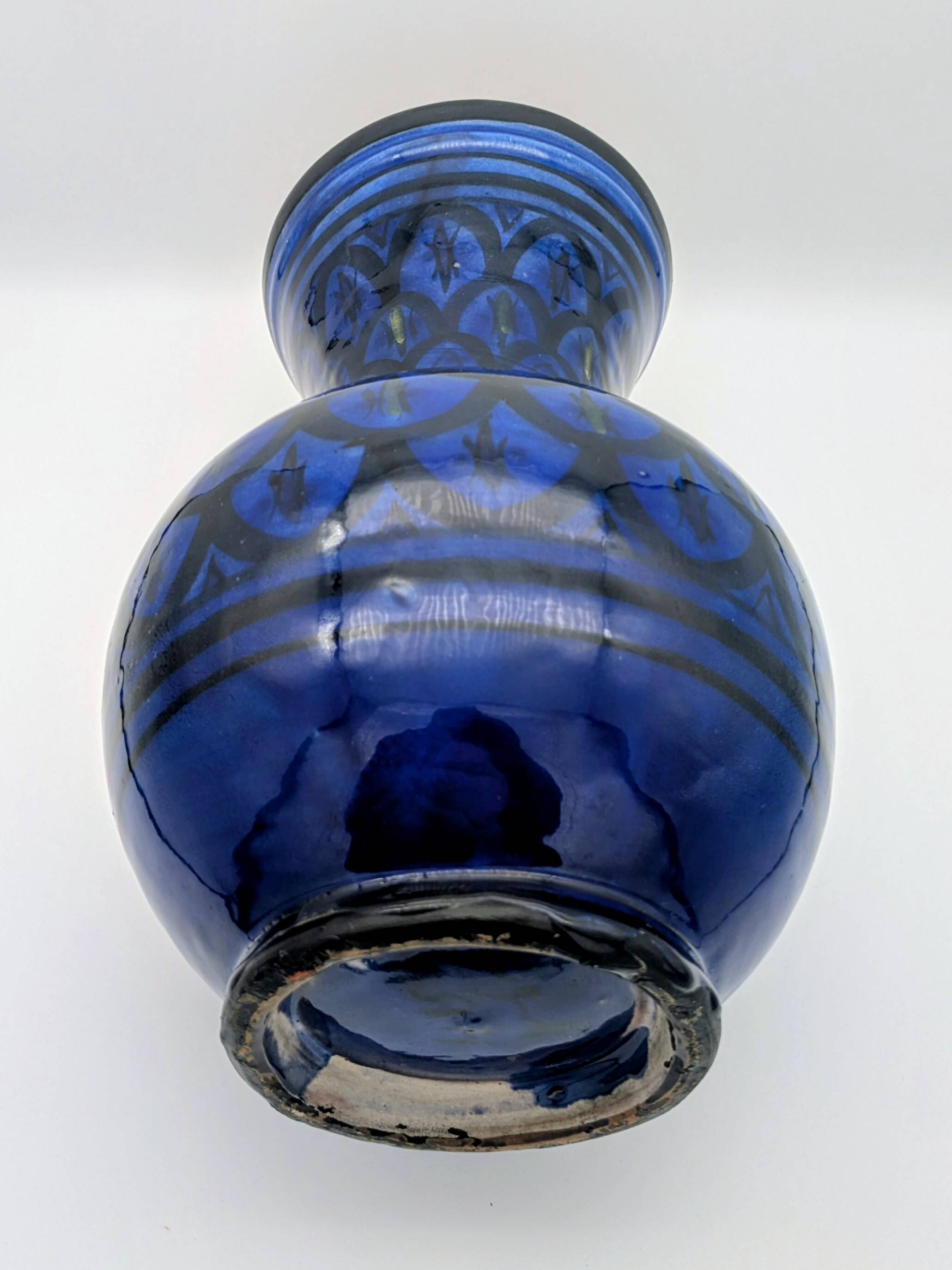 Large Baluster Vase in Safi Ceramic - Blue Black Geometric Design - Morocco
