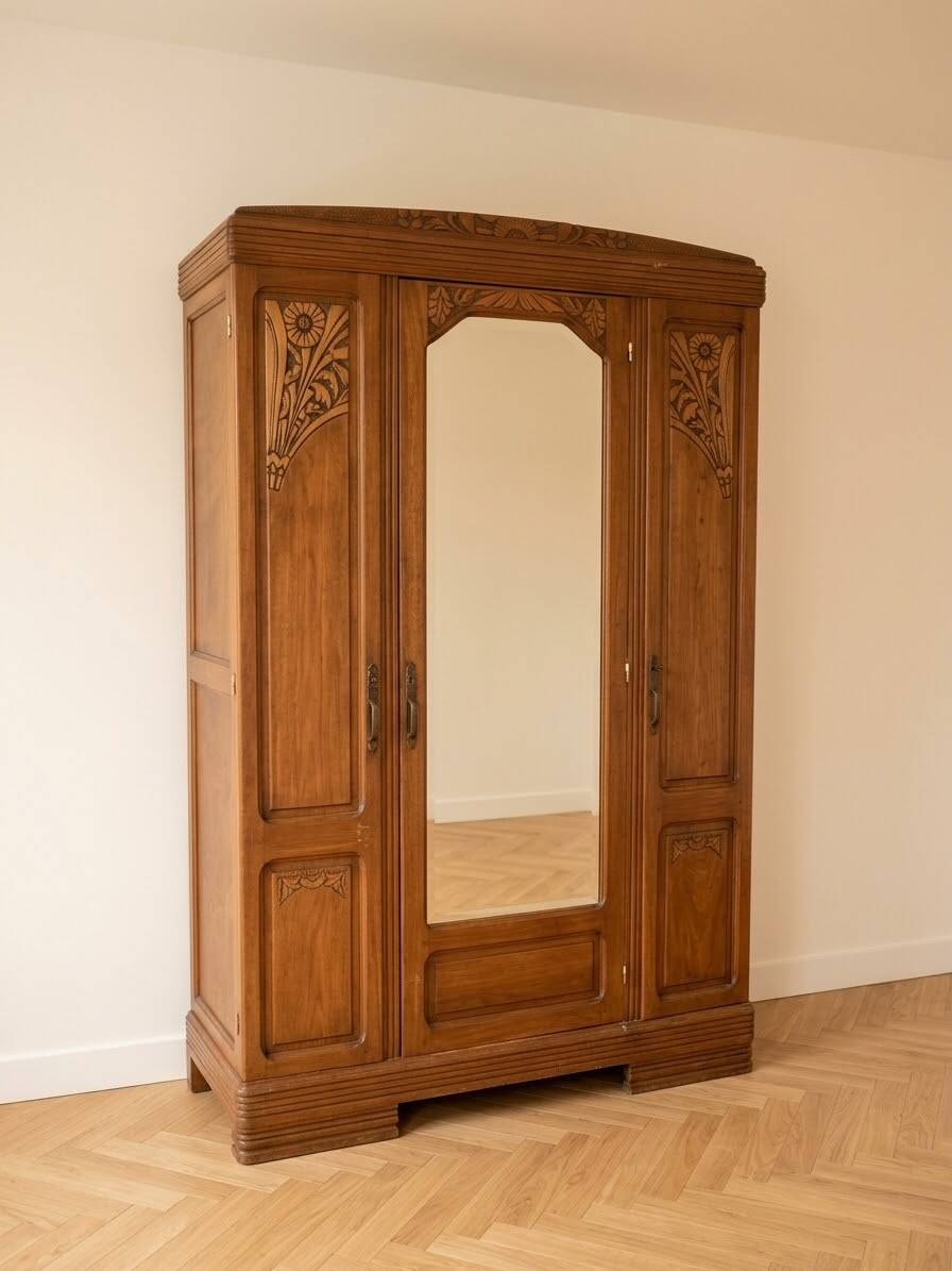 Antique 3-door Art Deco wardrobe in wood with mirror