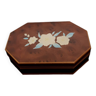 Japanese jewelry box 18cm octagonal wood and felt decorative flower secret vintage old