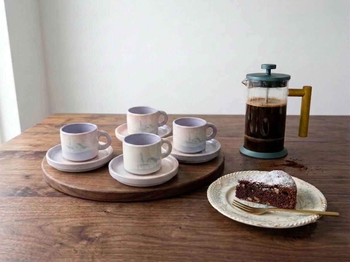 Service à café vintage faïence Salins-les-Bains peint main 4 personnes