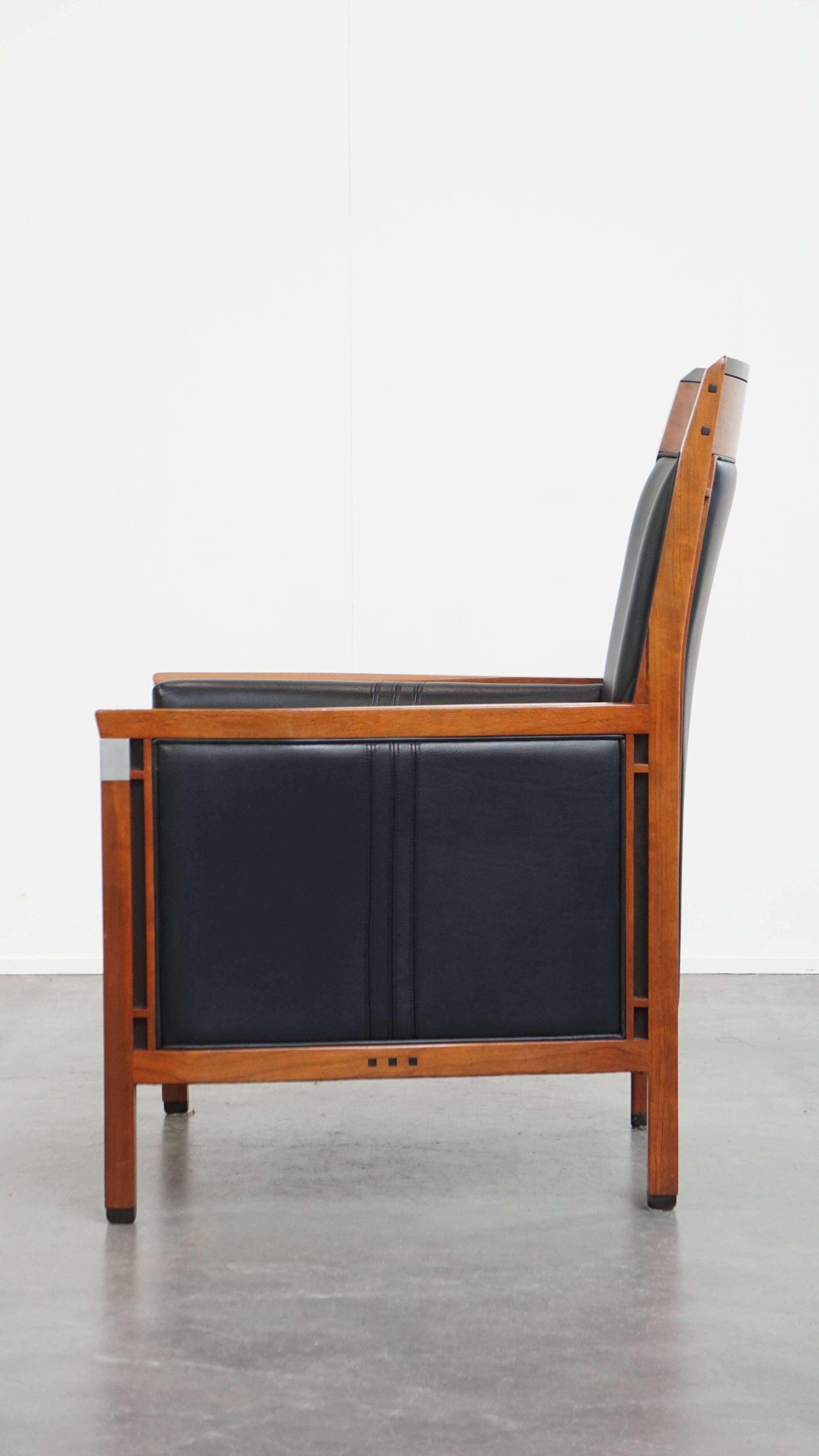 Black Cowhide Leather and Wooden Art Deco Armchair