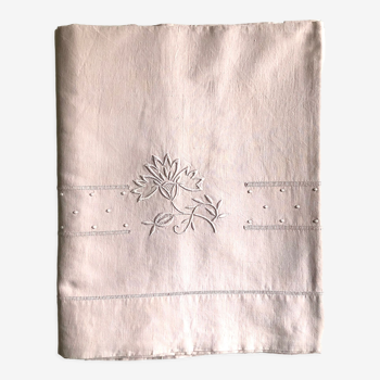 Drap ancien en lin et coton teinté en rose doux