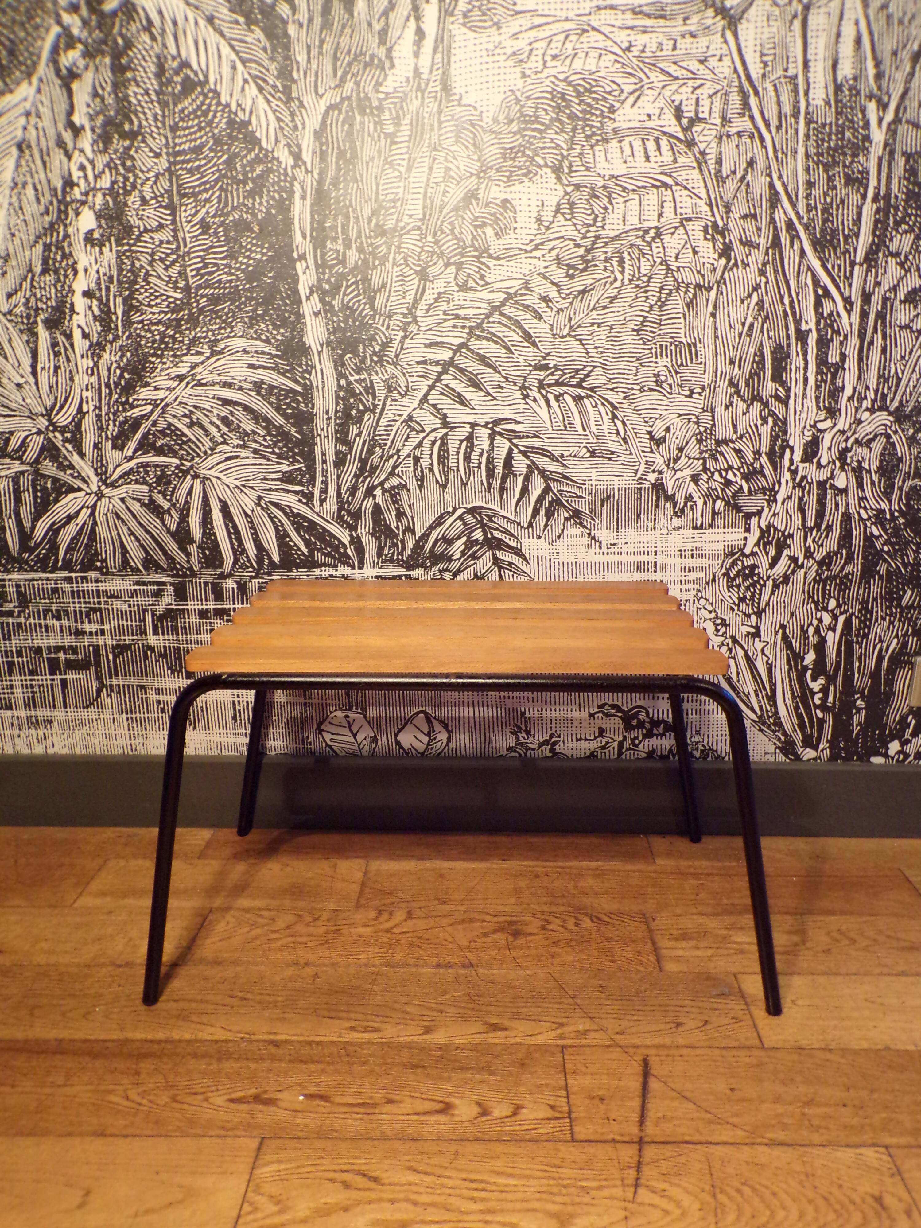 Old 1950s suitcase bench with wooden slats