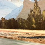 Tableau, huile sur carton « Rivière dans les Alpes »