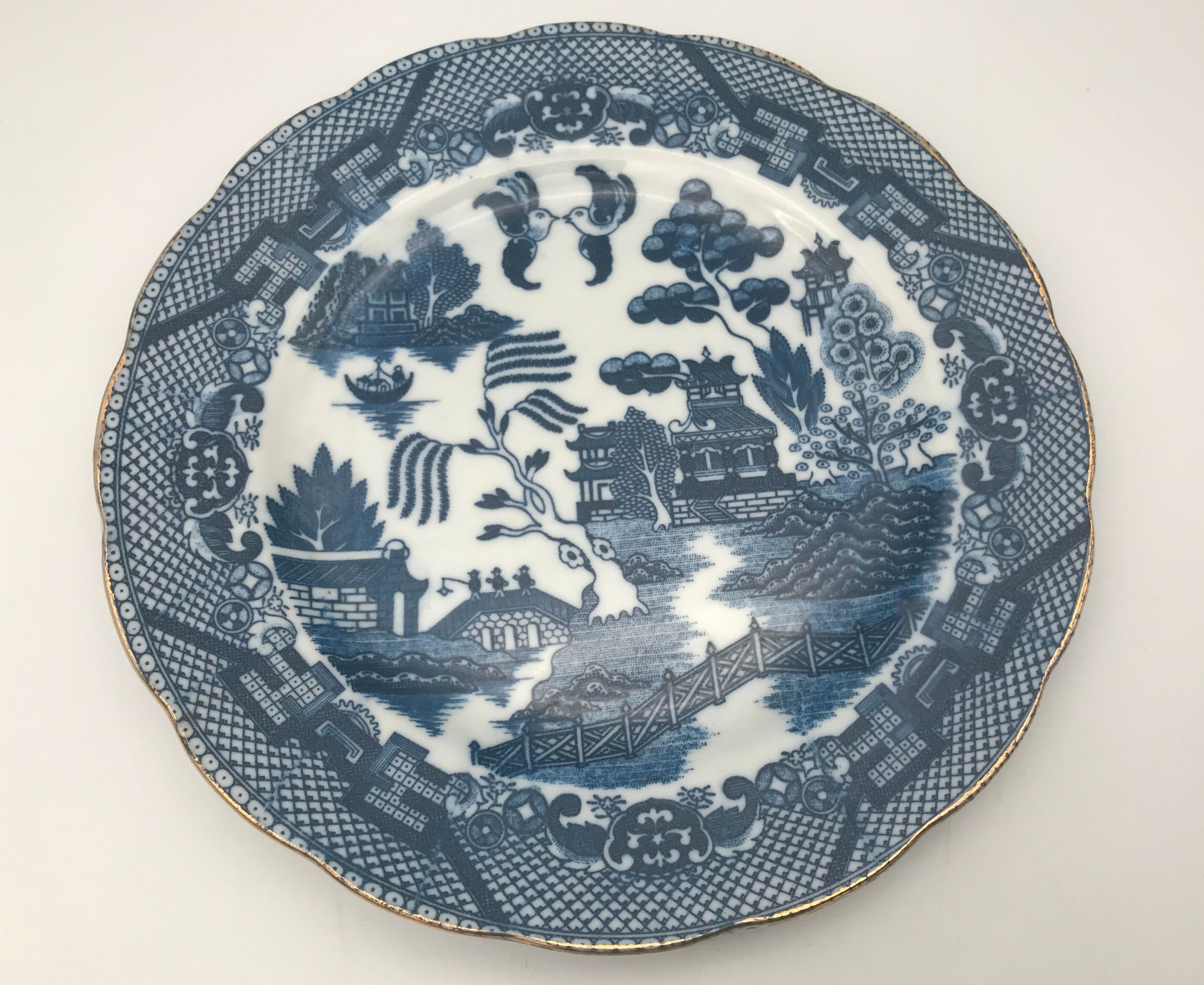 Old earthenware plate with decoration of landscape of asia 19.5 cm
