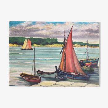 Tableau ancien - Marine : la voile rouge