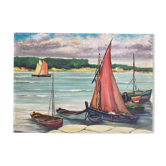 Tableau ancien - Marine : la voile rouge