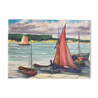 Tableau ancien - Marine : la voile rouge