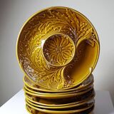 Set of plates, artichoke dishes, mustard yellow earthenware Gien vintage