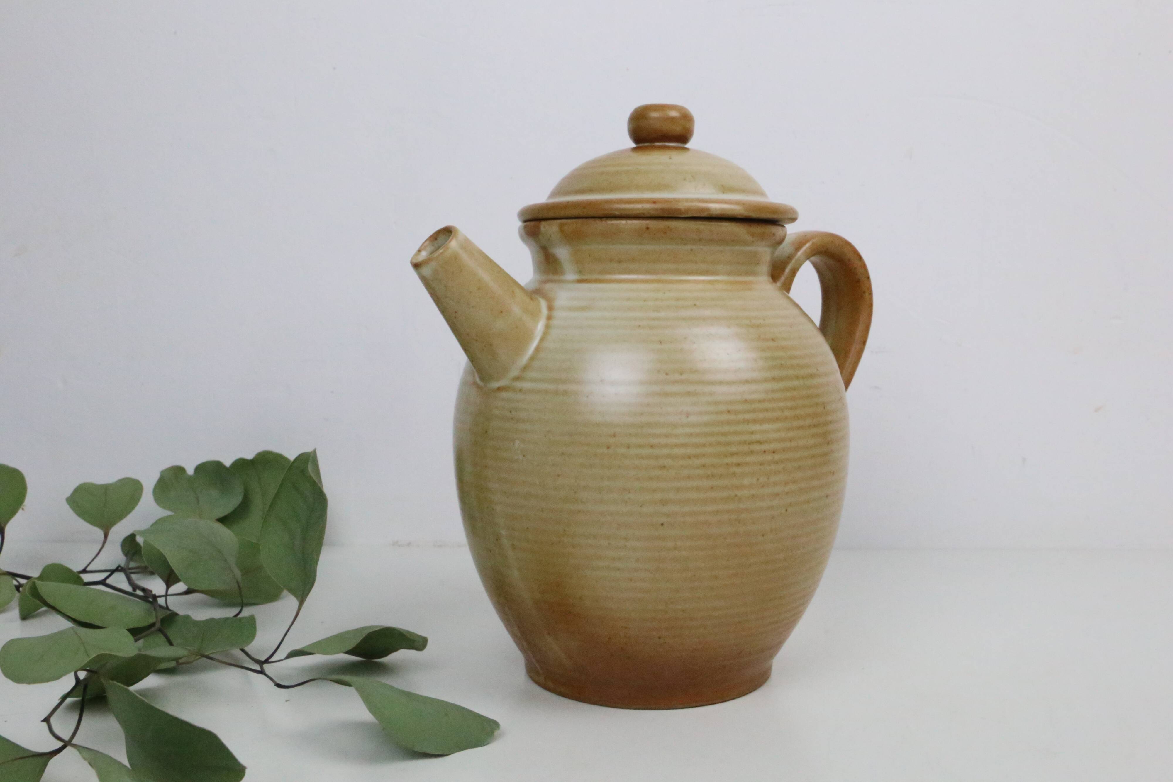 Vintage beige stoneware teapot, signed Grès Village