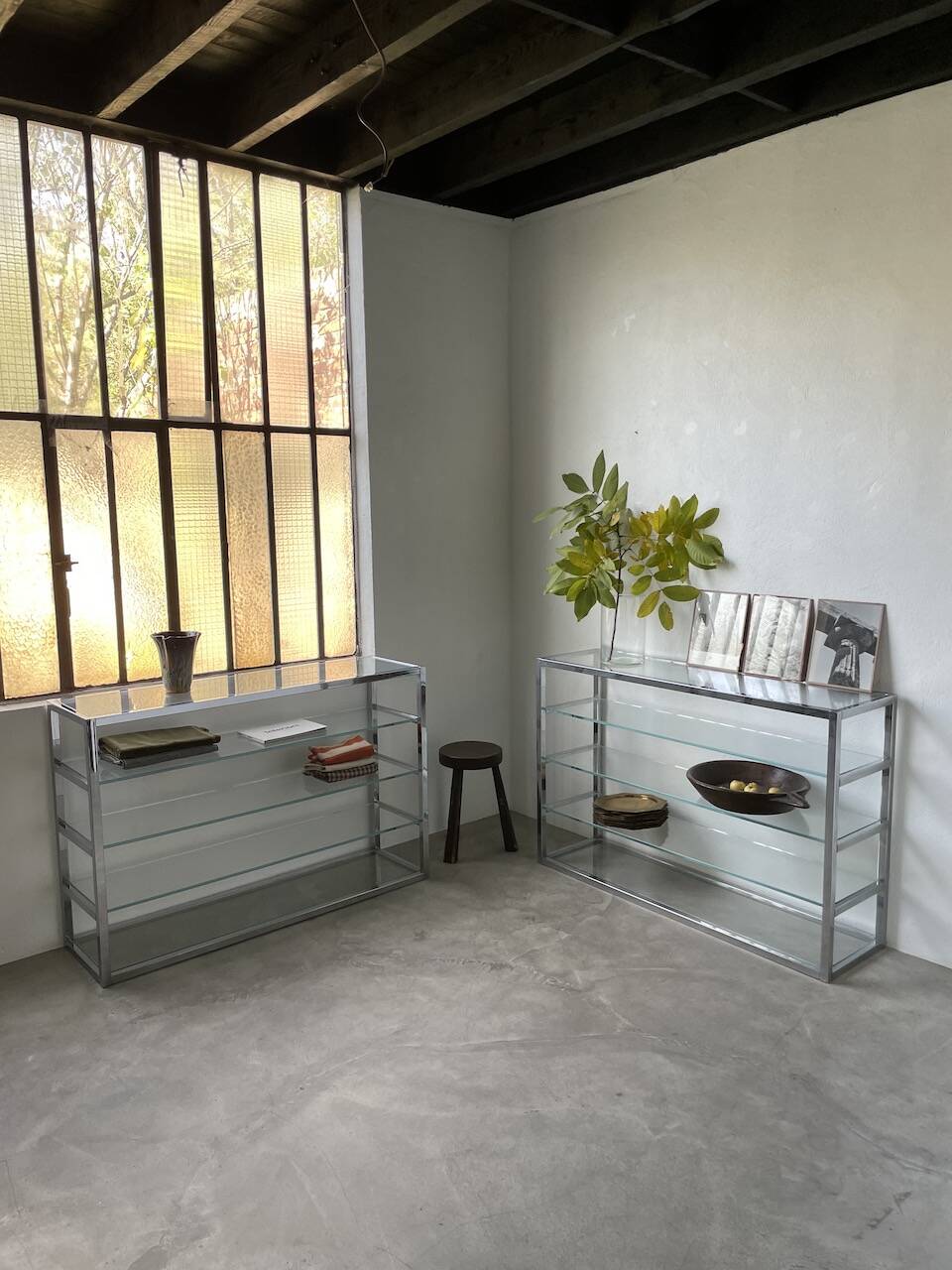 Pair of chrome and glass shelves from the 70s