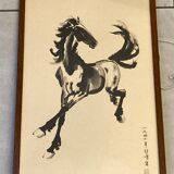 Chinese print black horse framed