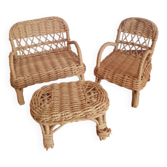 Set of vintage wicker rattan doll furniture or dollhouse