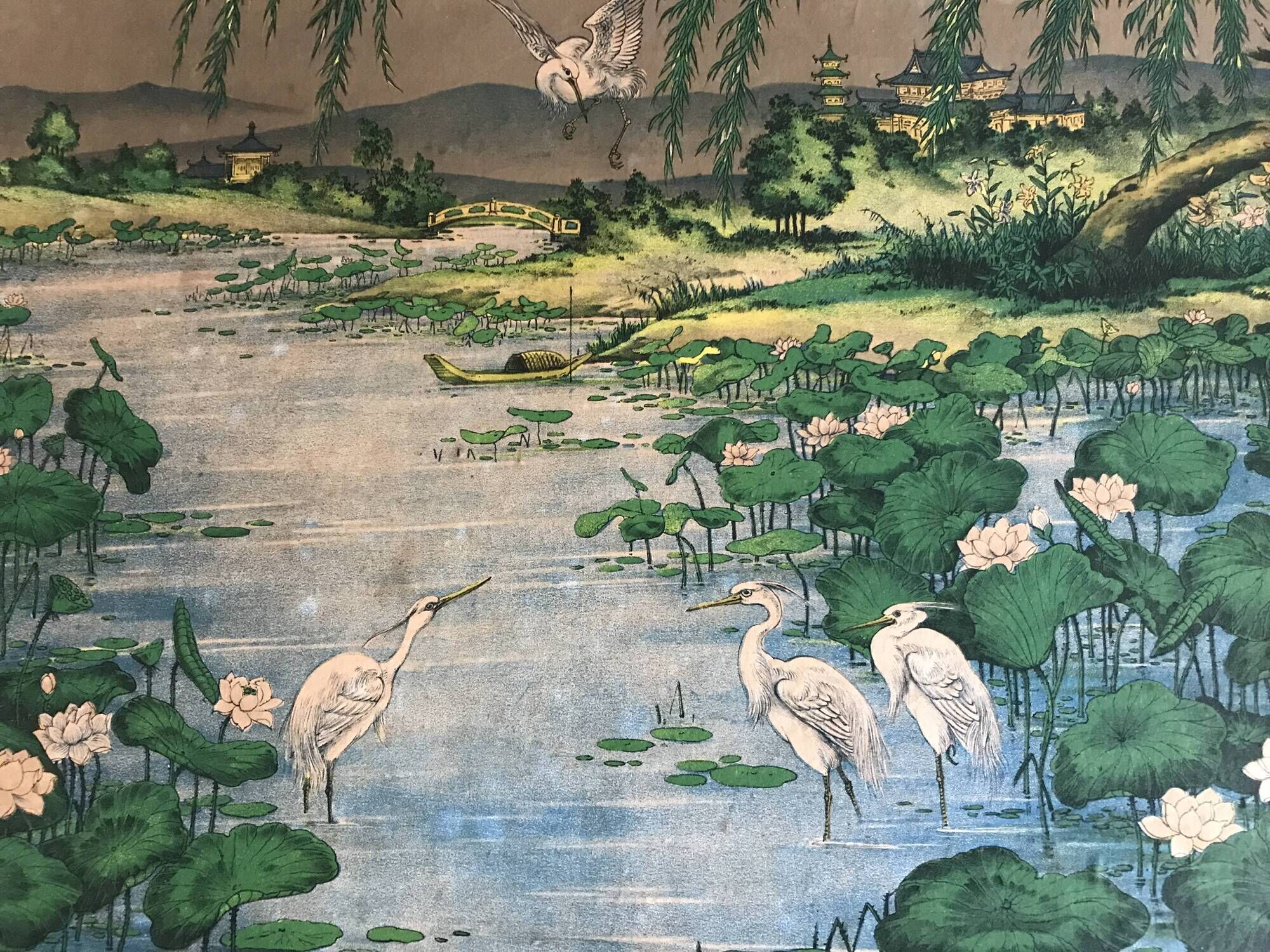 Ancient ESTAMPE of ASIA with Polychrome Decoration of Natural Landscape and Herons, XIXth