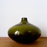 Small dark green handmade glass ball vase