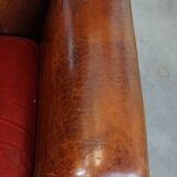 Set of 2 sheep leather wingback chairs with red corduroy seat cushions