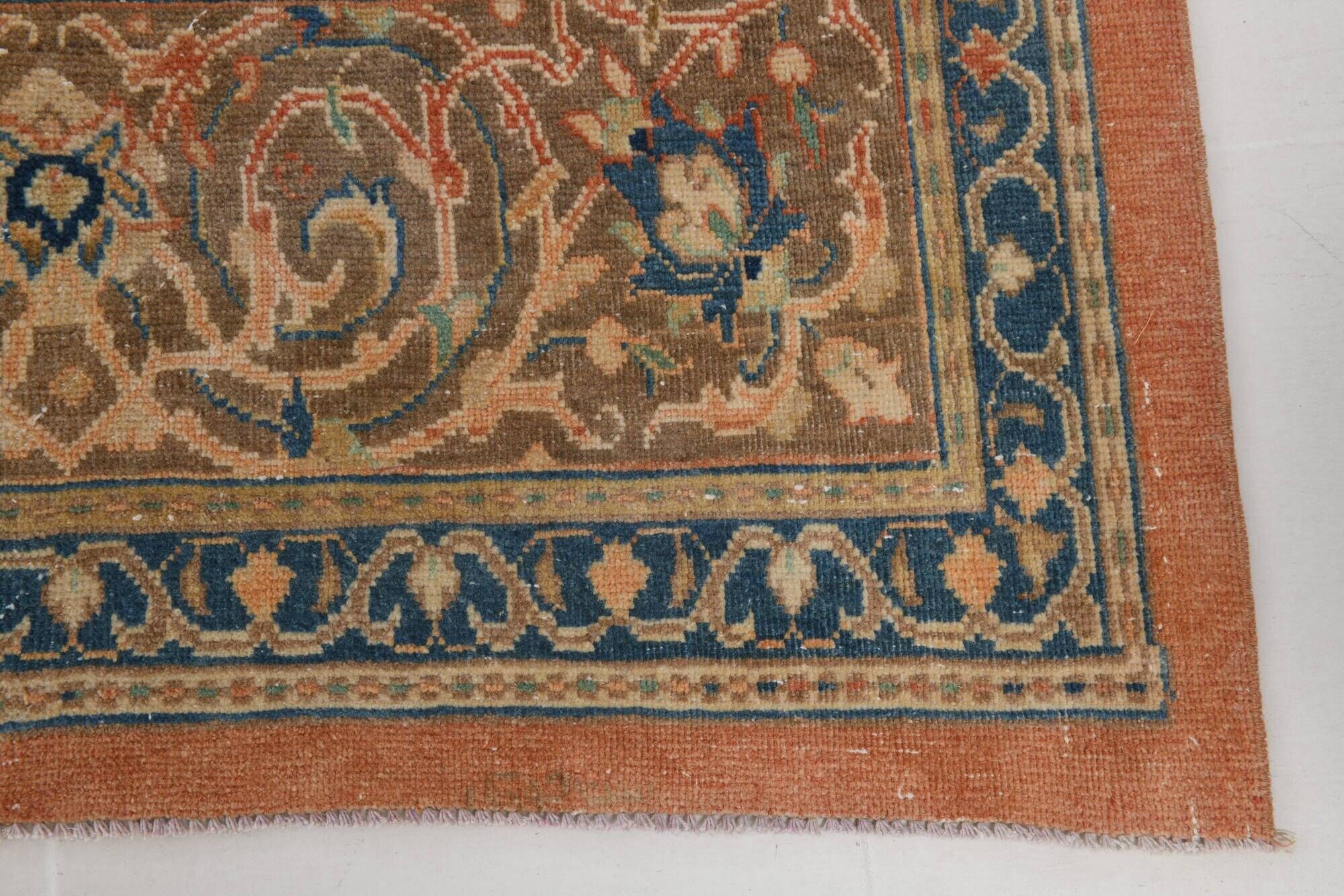 Vintage Turkish wool rug in terracotta beige with flowers, 10 × 13 feet.