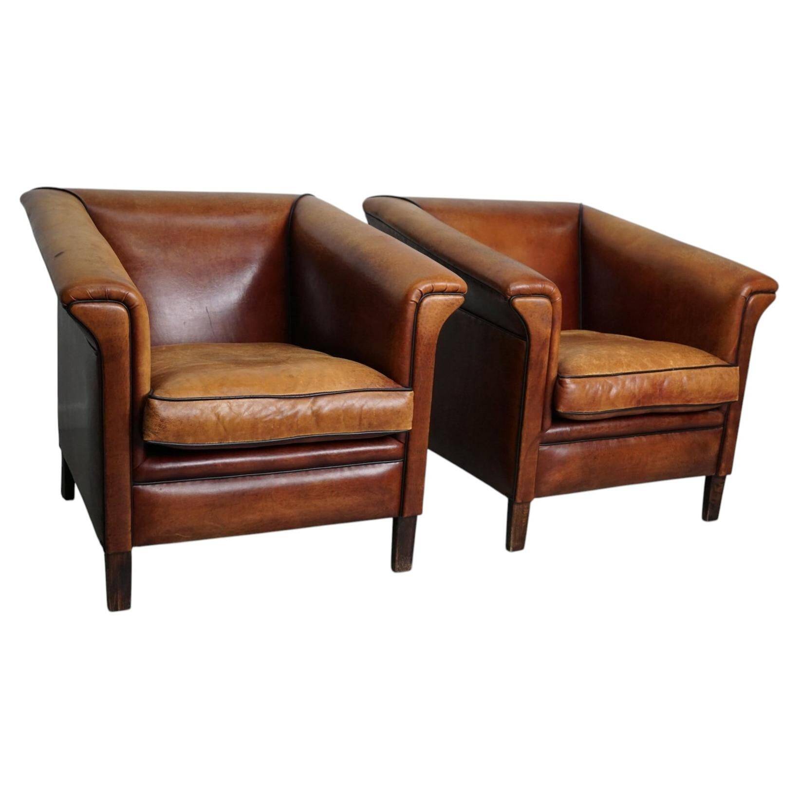 Vintage Dutch Club Chair in Cognac Leather, Set of 2