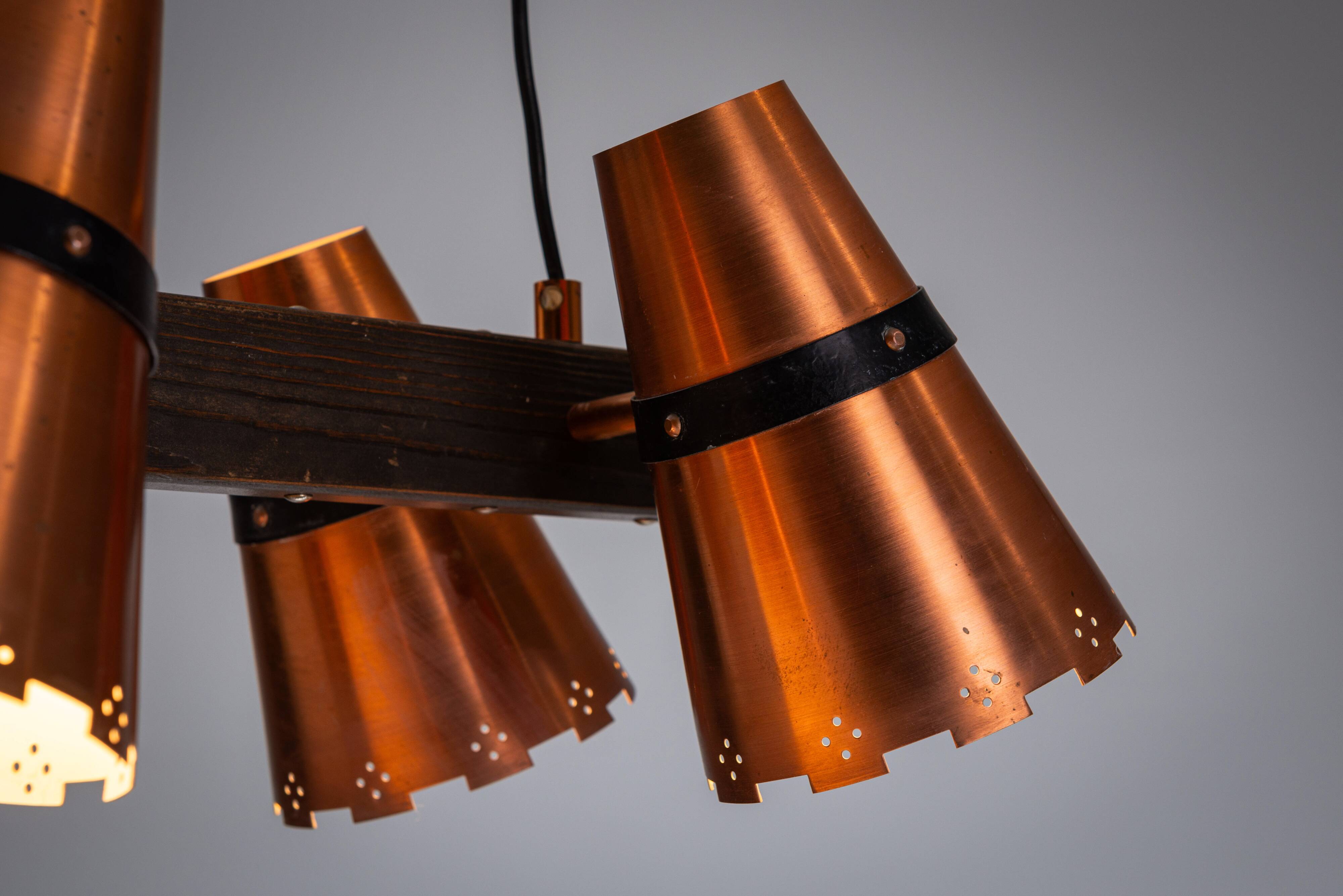 Ceiling lamp in dark stained wood with four brass shades, Sweden, 1960s