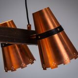 Ceiling lamp in dark stained wood with four brass shades, Sweden, 1960s