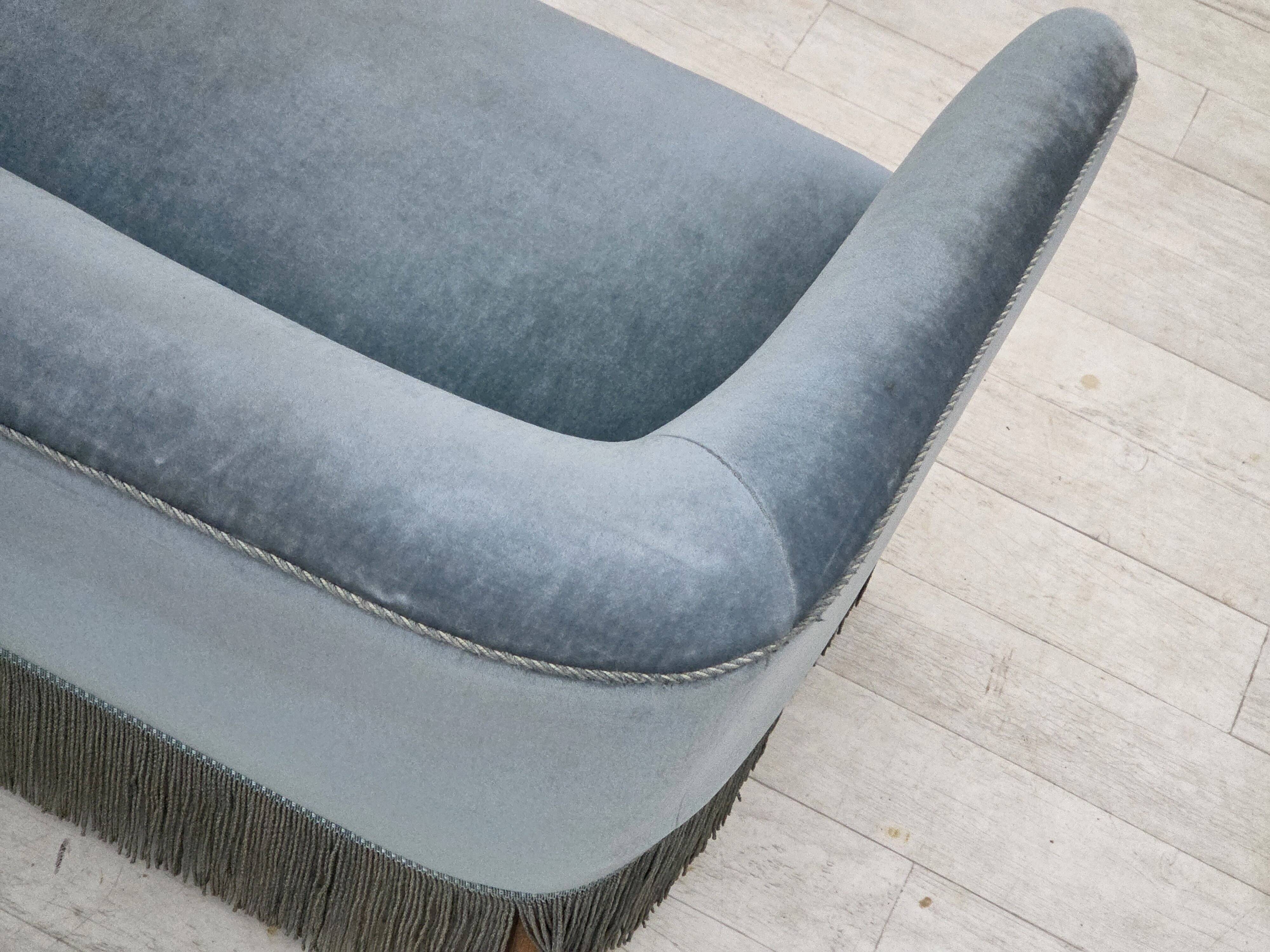 1970s, Danish 2-seater sofa, blue furniture velour, oak wood legs.