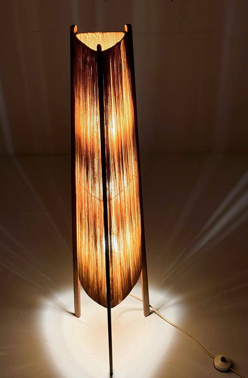 Mid-century floor lamp, sisal/teak wood, Temde, Switzerland, 1960s.