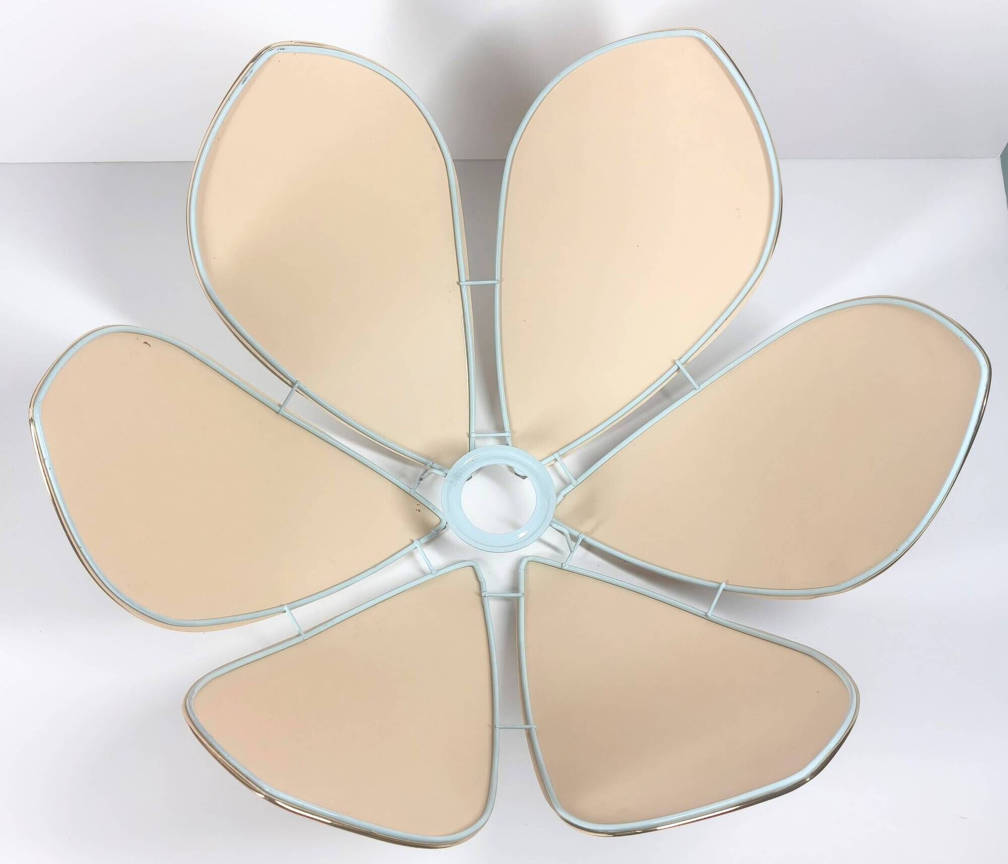 1970s ceiling light with floral design, light beige shade with gold finish.