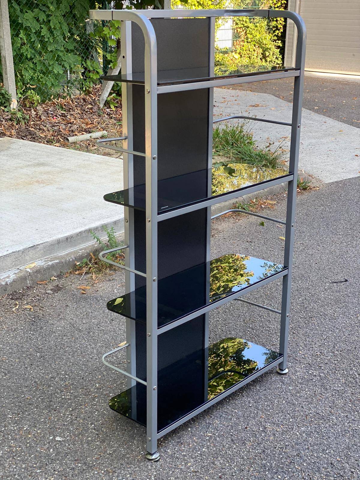 Vintage shelf in chrome metal and smoked glass 143cm